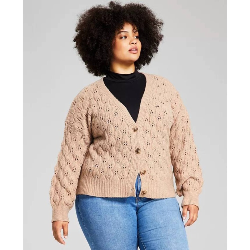 And Now This Plus Cardigan Sweater Almond Knit Open Weave Comfy 0X Grandma NWT